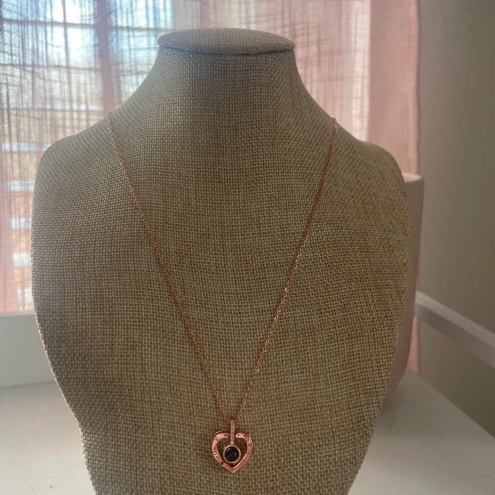 Rose Gold Heart Pendant Necklace with Black Stone